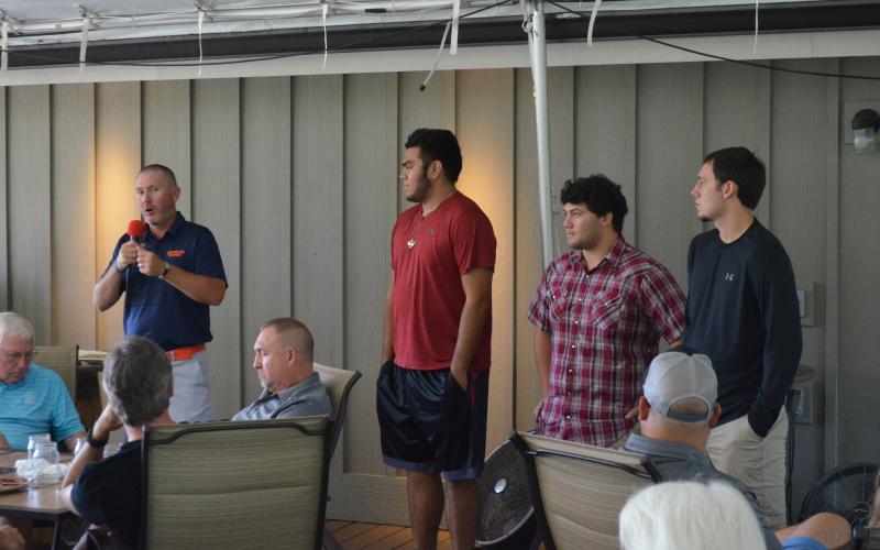 Shown, from left, are Habersham Central High School Head Football Coach Benji Harrison, Marc Dao, Anthony Iacobucci and Daniel Matkovic at the Habersham County Football Ring of Honor ceremony Tuesday.