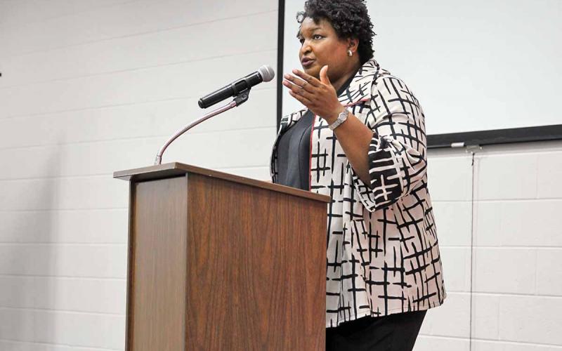 Stacey Abrams spoke to a packed room Tuesday at the Ruby Fulbright Aquatic Center in Clarkesville. She thanked them for her support in the 2018 gubernatorial election and informed them of her mission to combat voter suppression. (Photo/ERIC PEREIRA)