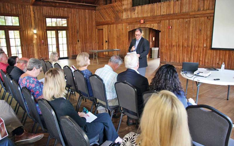 Habersham County Chairman Stacy Hall, center, kicks off the Monday town hall meeting for the jail bond referendum at the Cornelia Community House. The commission and the sheriff’s office are hosting these meetings to inform residents as to why a new jail is a significant need. (Photo/ERIC PEREIRA)