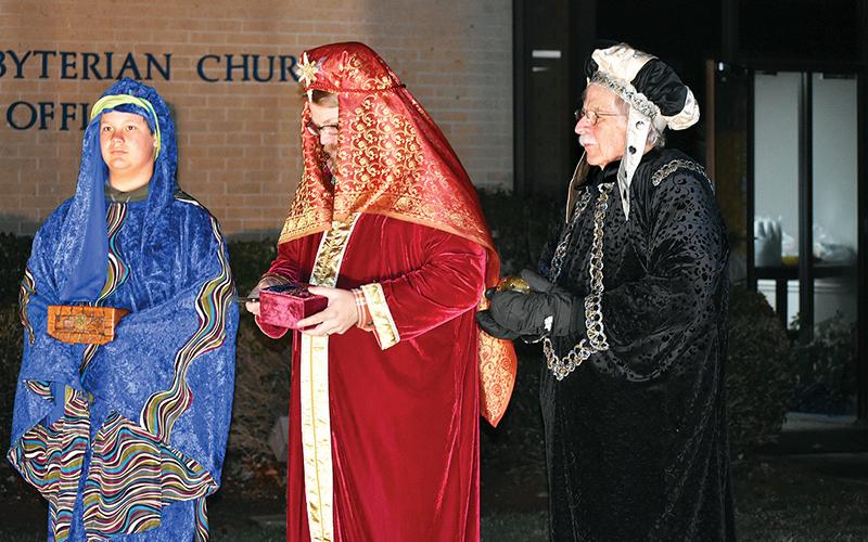 The three wise men at First Presbyterian Church of Cornelia’s live nativity on Tuesday were, left to right, Brad Chosewood, Andy Chambers and Rev. Bill McLain.