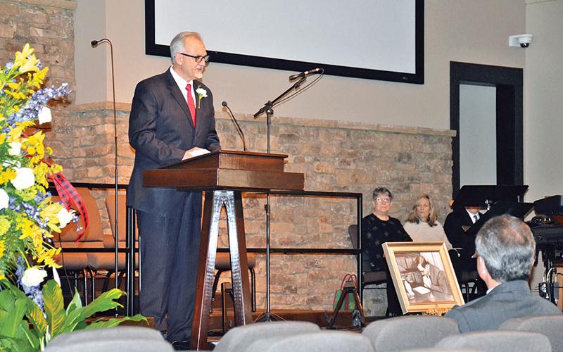 The Rev. Kenneth McEntire speaks about the loss of his mentor, the Rev. Furman Brown Lewis, at a memorial service Saturday at Bethlehem Baptist Church in Clarkesville. Lewis passed away Christmas Eve at the age of 90.