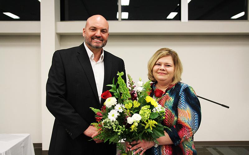 South Habersham Middle School nurse Christy Blakely receives her award Tuesday from Superintendent Matthew Cooper.