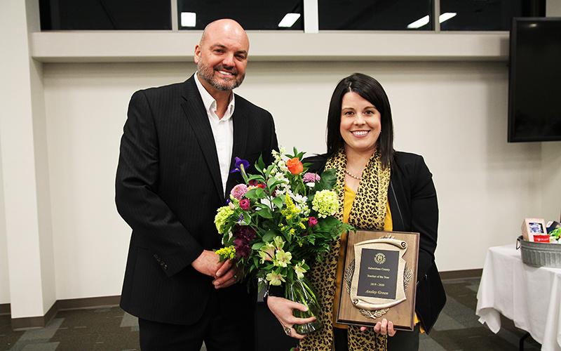 From left are Superintendent Matthew Cooper and 2019-2020 Teacher of the Year Ansley Green at Tuesday’s awards ceremony.
