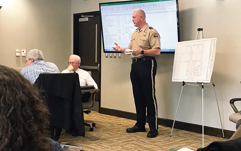 Sheriff Joey Terrell lays out an alternative plan for a new jail construction for the Habersham County Commissioners at Monday’s meeting.