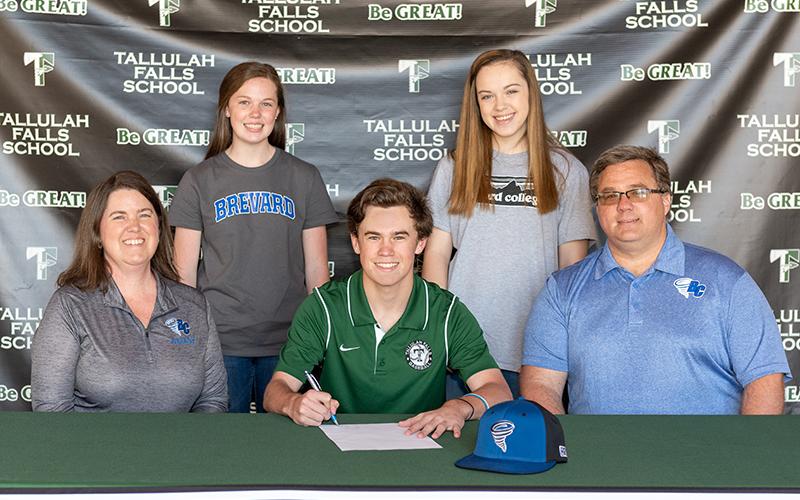 Tallulah Falls School senior Davis Jennings of Clarkesville on April 2 signed a letter of intent to compete in baseball for the Brevard College Tornados. Shown (back row from left), are Sarah Jennings and Rebekah Jennings. Front row (from left) are Jennifer Jennings, Davis Jennings and James Jennings.