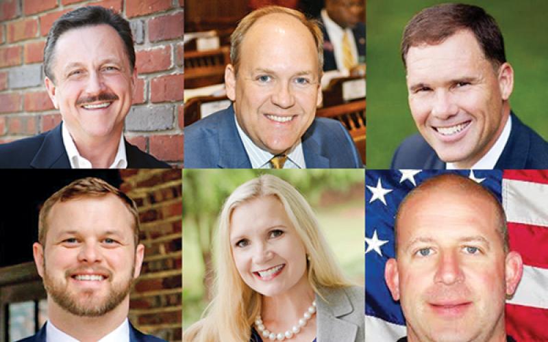 District 50 Republican candidates are (clockwise from top left) Andy Garrison, Dan Gasaway, Stacy Hall, Lee Moore, Tricia Hise and Bo Hatchett.