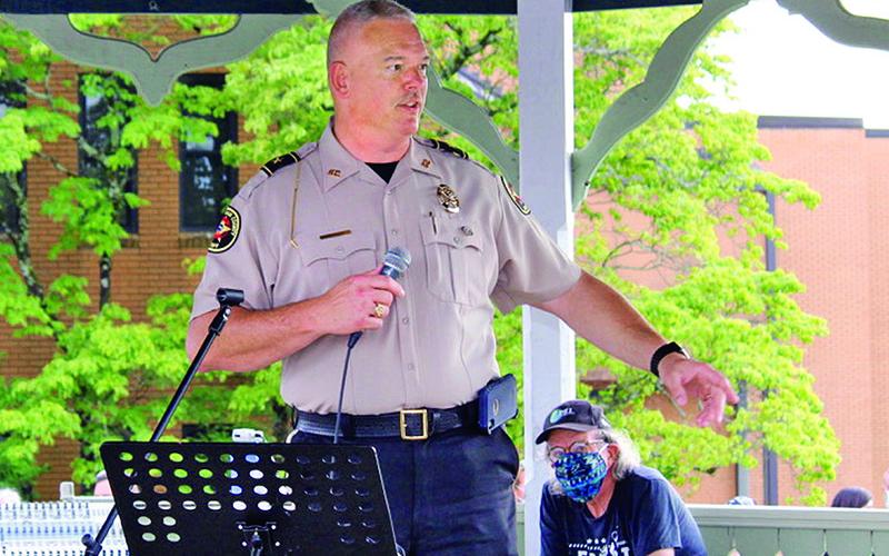 Habersham County Sheriff Joey Terrell speaks at last week’s Black Lives Matter demonstration in Clarkesville. Terrell was elected to a fourth term Tuesday. Photo by ISAIAH SMITH