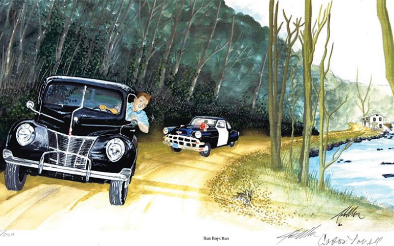 “Run Boys Run,” a painting by Clarkesville artist Julius Miller, shows a young 20-year-old Lovell on a moonshine run down state Route 197. Once a dirt road, state Route 197 was a main vein for the transportation of moonshine.