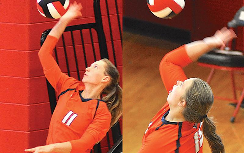 Habersham Central’s Allie Church (left) and Abbey Donaldson serve during the Lady Raiders’ win over Stephens County. Pictures by TOM LAW/CNI News Service