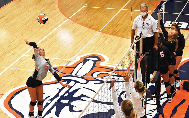 Habersham Central’s Madeline Koshuta (8) looks to spike the ball during the Lady Raiders’ match against Tallulah Falls Aug. 18.