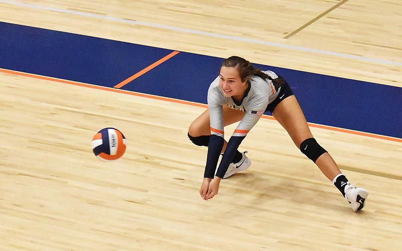 Habersham Central’s Camryn Fricks gets low for a dig during a recent home match.