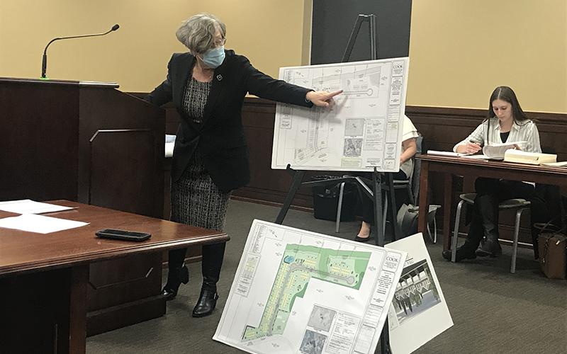 Attorney Jane Range presents the modified plans for a future townhouse development on Chase Road in Cornelia. The commissioners approved a zoning change Monday night to allow the development to go through.