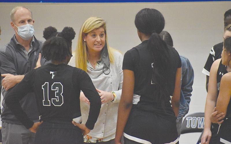 Tallulah Falls girls basketball coach Brandy Corbett instructs her players during a road game at Towns County Dec. 3.