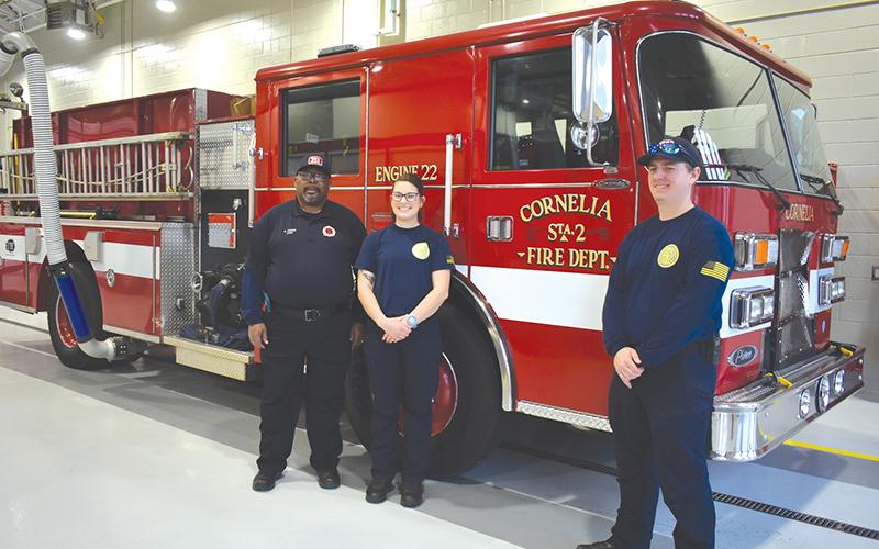 Cornelia Fire Chief Billy Jenkins stands inside the new fire station on the south end of the city along with firefighters Angela Martin and Christopher Bruce. 
