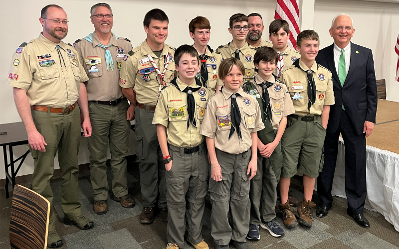 Joining keynote speaker Gary Black (right) at the American Values Dinner were Scouting representatives (back row, from left) Jake McGahee, Alan Baker, Patrick McNair, Matthew Wolfe, Gavin Dundore, Jeremy Dundore and Jaron Horton. Front row are (from left) Brody Allen, Thatcher Tatum, Kav Stapleton and Zac Baker. MATTHEW OSBORNE/Staff