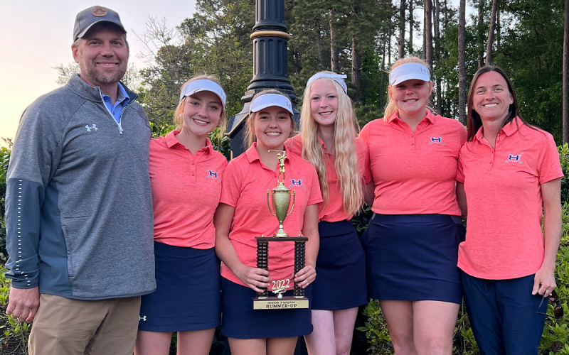 Head coach Shawn Blackburn, Madison LaPrade, Ava Caudell, Addie Maney, Makenna Eller and assistant coach Joni Blackburn pose with their area runner-up trophy. JONI BLACKBURN/Submitted
