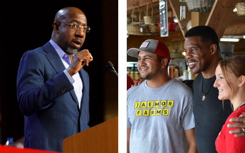 (Left) U.S. Sen. Raphael Warnock speaks to the Retail, Wholesale and Department Store Union. Photo from @ReverendWarnock Twitter. (Right) Herschel Walker converses with visitors to Jaemor Farms in Alto in July. EMILY FLOWER/Submitted