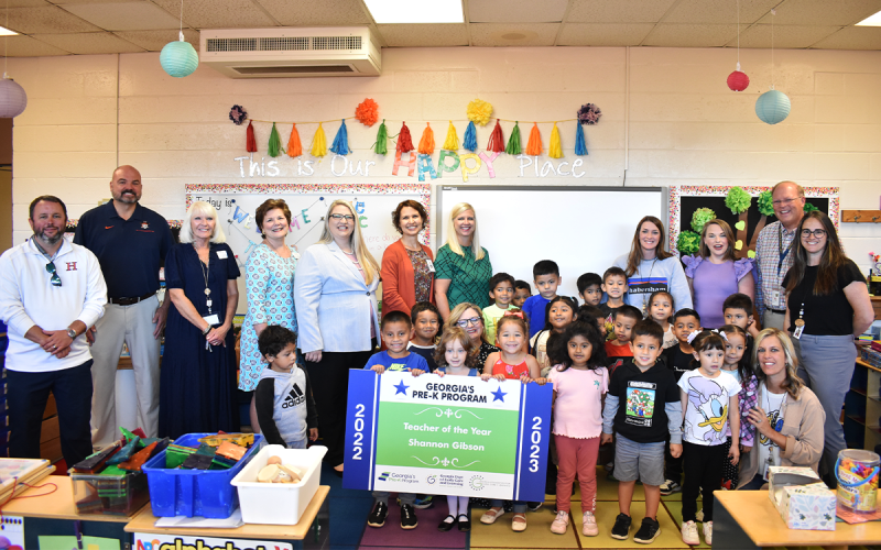 Georgia Pre-K Teacher of the Year recipient Shannon Gibson was surprised by family and colleagues on Friday morning and celebrated her win with her students. AMARIS E. RODRIGUEZ/Staff