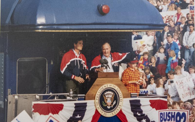 President George H.W. Bush, right, speaks from his train, “The Spirit of America,” during his 1992 Whistle Stop Train Tour. Cornelia was one of several Georgia cities Bush visited during that tour. Photo courtesy of the Cornelia Depot Association