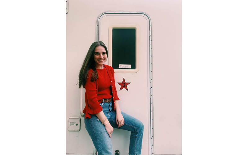 Isabelle Almoyan is shown in front of her trailer on the set of “Lifemark,” where she played a character named Reese. SUBMITTED