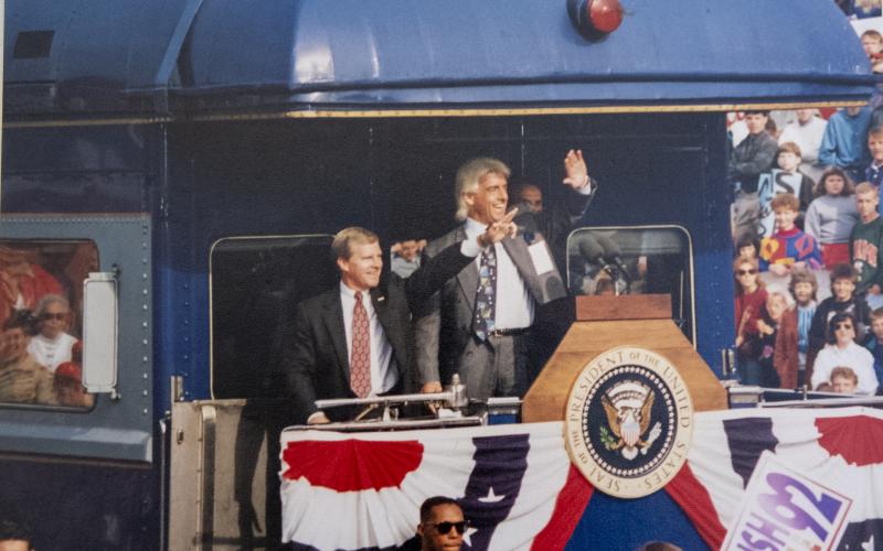 Wrestler Ric Flair, right, is shown on President George H.W. Bush’s train, “The Spirit of America,” during Bush’s 1992 visit to Cornelia. Photo courtesy of the Cornelia Depot Association