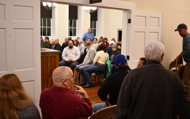 Mt. Airy had its largest crowd ever for a public meeting Wednesday night, with overflow seats being set up in the foyer of city hall. MATTHEW OSBORNE/Staff