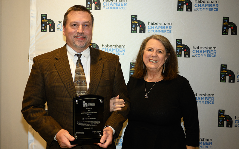 The 2022 Business of the Year award went to All Service Printing during the Habersham Chamber of Commerce Awards Gala, as owner Ty Akins was presented by Hazel Cording. ZACH TAYLOR/Special