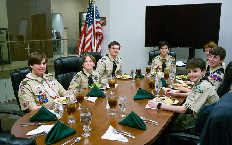 Boy Scouts of America Troop 5 from Clarkesville enjoy their meal provided by Piedmont University at the American Values Dinner Thursday night. From left are Jaron Horton, Thatcher Tatum, Trey Heumaneus, David Quintal, Matthew Wolfe, Brody Allen and Kav Stapleton. ZACH TAYLOR/Special
