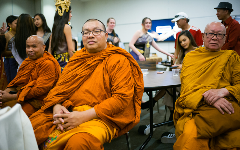 Monk Samdam Sonthalad (left), Monk Bounhieng Keobounseuang (middle), and Monk Thontphoun Luantkhot celebrate traditional Laotian culture at the Habersham County Historical Society 50th-Year Celebration. ZACH TAYLOR/Special