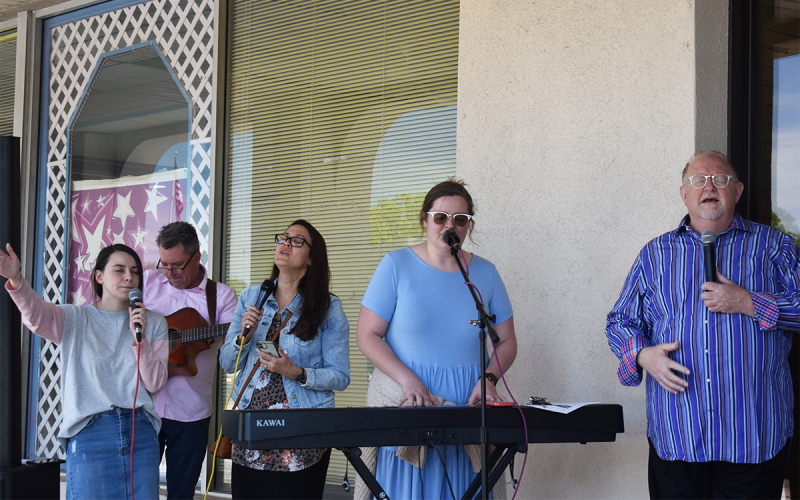 Members of Bethesda Fellowship Church’s worship team led the group in song between pastors speaking at Cornelia’s National Day of Prayer ceremony. EMMA MARTI/Staff