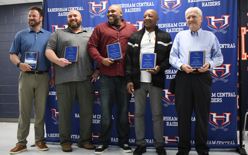 Habersham Central Football Ring of Honor Class of 2023 members include (from left) Chase Green, Matt Burrell, Pudge Trimiar, Bernard Trimiar and Nelson Payne. LANG STOREY/Staff