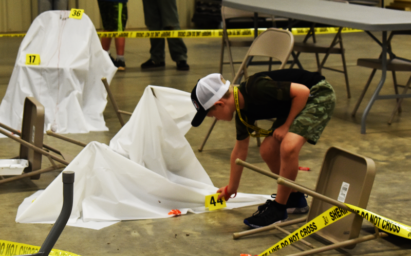 Conner Arrowood, one of the students taking part in the Crime Scene Camp, places an evidence marker on something he thinks will help them solve the crime. EMMA MARTI/Staff