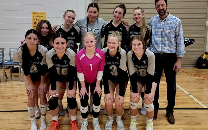 Tallulah Falls volleyball team members include (front row, from left) Rebecca Heyl, Iva Ristic, Kate Gary, Claire Kelly and Chesney Tanksley. Back row are (from left) manager Emilee Jones, Ashlyn Yaskiewicz, Katarina Foskey, Addy McCoy, Skylyn Yaskiewicz and coach Matt Heyl. TFS ATHLETICS/Submitted