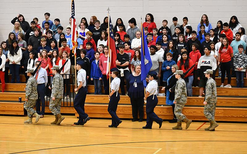Habersham Central High School Junior ROTC marches for the Presentation of Colors at South Habersham Middle School’s Veterans Day program. JULIANNE AKERS/Staff