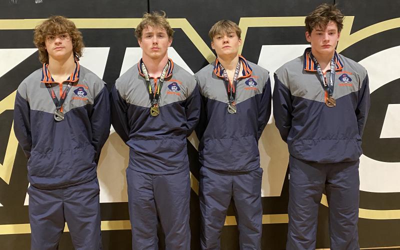 VIKING RAIDERS - Habersham Central’s boys wrestling team brought home four medals from the Viking Christmas Clash, including Justin Whitney (1st), Eli Thornton (2nd), Westin Lakey (2nd) and Ryan McDonald (3rd). The Raiders missed four weight classes and still finished fourth out of 12 teams. SUBMITTED