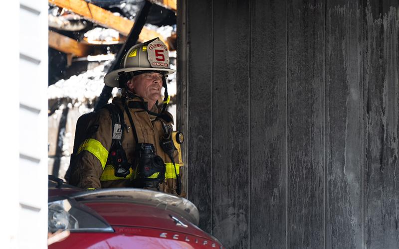 Demorest Assistant Fire Chief Lance Leuliette takes a breath after helping quell the blaze. ZACH TAYLOR/Special