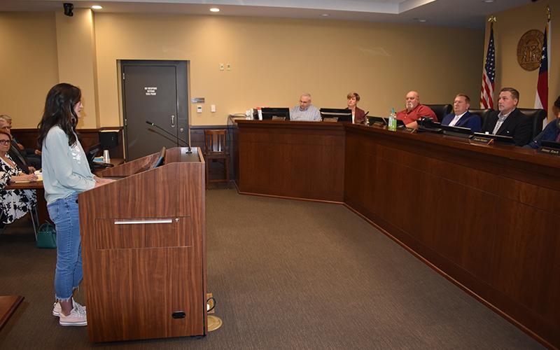 Kerry Anderson speaks to the Habersham County Board of Commissioners about The Orchard tower on Monday night. MATTHEW OSBORNE/Staff