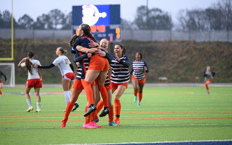 Habersham Central’s Paisley Cathey gets hugs from teammates after converting a penalty kick in the second half Friday night. ZACH TAYLOR/Special 