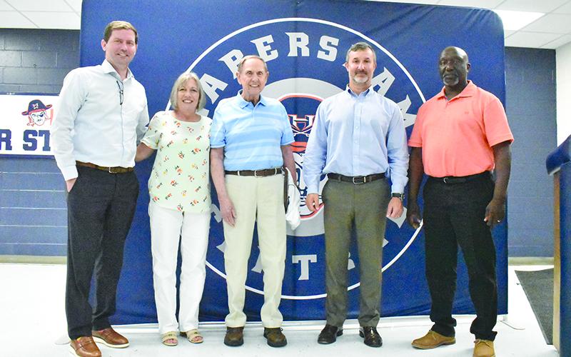 Habersham Central Football Ring of Honor’s Class of 2024 includes (from left) Chet Sanders, Terri Roberts, Herman Benfield, Scooter Garrison and Roy Lee Williams. MATTHEW OSBORNE/Staff 