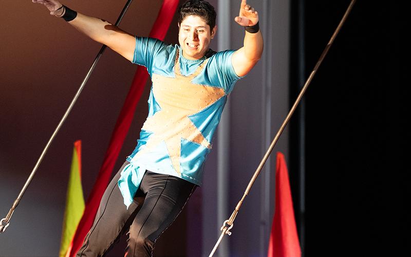 Alec swings side to side on the trapeze bar at Dusty’s All-Star Circus, which paid a visit to Clarkesville on Monday and Tuesday night. ZACH TAYLOR/Special