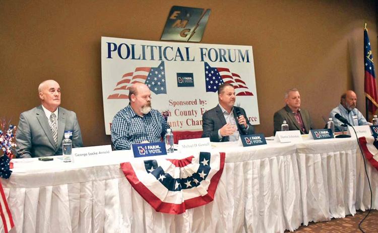 Habersham County District 5 Commissioner candidates George Locke Arnold, Michael Gosnell, Darrin Johnston, Tim Stamey and Barry Trotter share some of their views with community members at the political forum Tuesday, just two weeks before Election Day Nov. 5. (Photo/CHAMIAN CRUZ)