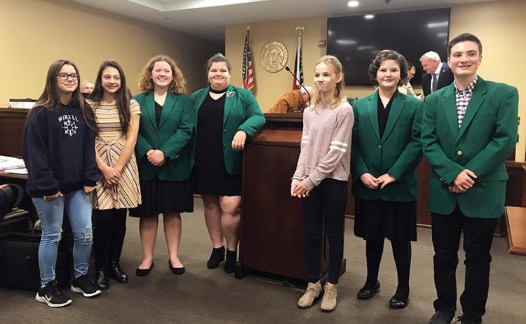 Habersham 4-H students honored at the Dec. 16 county commission meeting were, from left, Charisma Jenkins, Abby Horne, Christine Budd, Camden Hughes, Autumn Samsel, Rachel Dailey and Edwin Wood.
