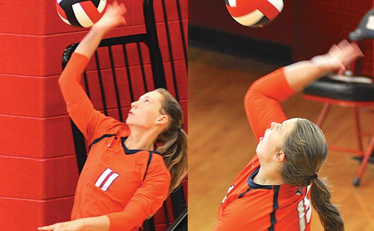 Habersham Central’s Allie Church (left) and Abbey Donaldson serve during the Lady Raiders’ win over Stephens County. Pictures by TOM LAW/CNI News Service
