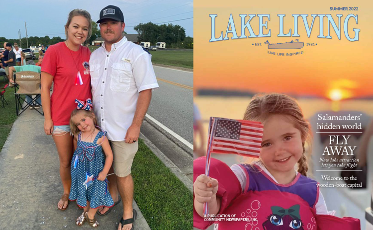 Jade, Kyle and Ansley Garrison are shown in this family photo. Jade Garrison submitted the winning photo, taken by Kyle, for the summer 2022 Lake Living cover contest. The magazine is shown at right. SUBMITTED