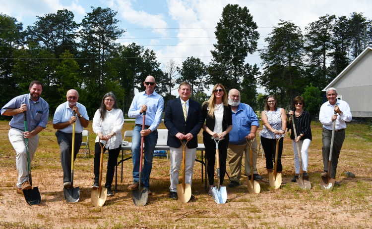 Mayor John Borrow, Lovell and Mary Camp of Camp Investments, Ryan Morgan of Purpose Lodging, Vice Chairman Bruce Harkness, President of Habersham Chamber of Commerce Mary Beth Horton, Chairman Bruce Palmer, Community Development Manager Jessie Owensby, Habersham County Economic Development Authority Chair Gail Thaxton and Executive Director of Partnership Habersham Charlie Fiveash break ground at the site of a new Marriott. BRIAN WELLMEIER/Staff