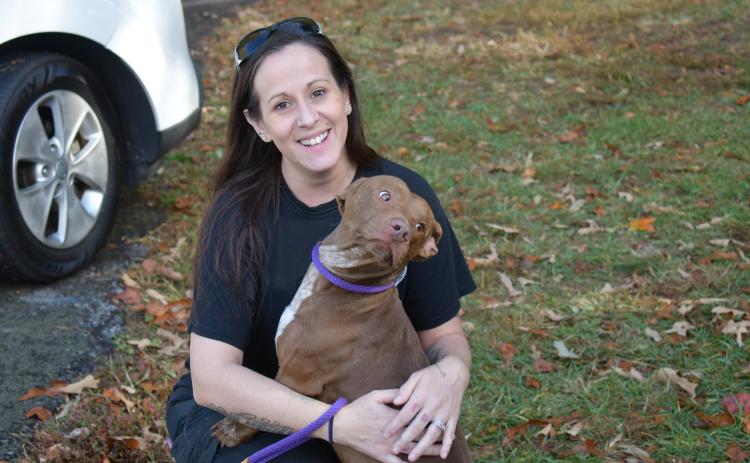 Olivia Whitfield, Administrative Assistant at Habersham County Animal Care and Control, cuddles Redman, a favorite of many at the rescue. JOHN DILLS/Staff
