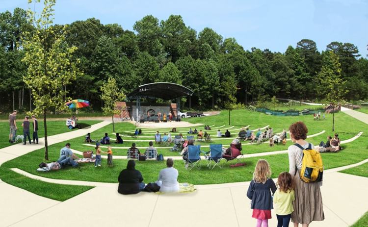 A rendering shows the proposed renovation of the Cornelia Motors  property space, along U.S. 441 Highway, a 4.8-acre lot, transformed into a luscious space including an amphitheater.
