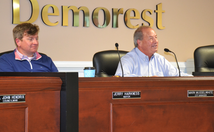Demorest City Manager Mark Musselwhite (right, shown with Mayor Jerry Harkness) will be leading the city for the next year after his contract was approved Tuesday. MATTHEW OSBORNE/Staff