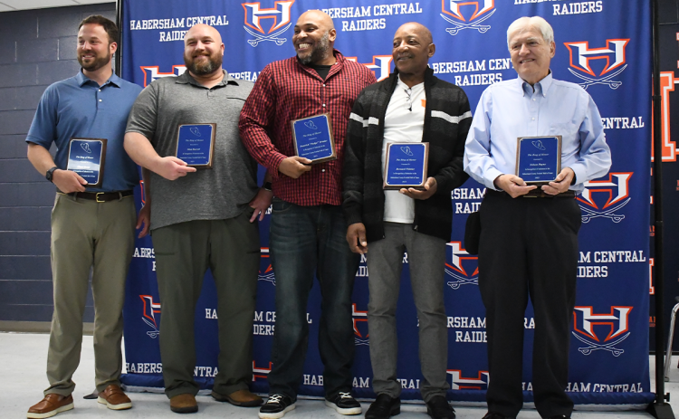 Habersham Central Football Ring of Honor Class of 2023 members include (from left) Chase Green, Matt Burrell, Pudge Trimiar, Bernard Trimiar and Nelson Payne. LANG STOREY/Staff