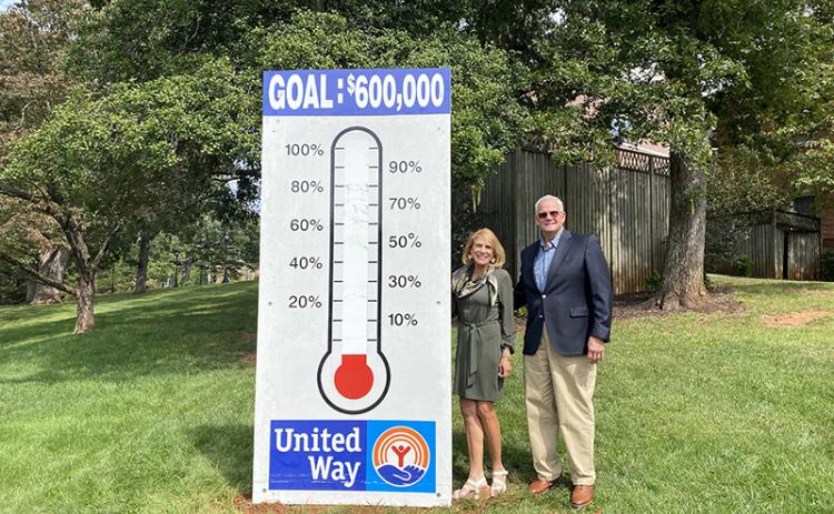 Piedmont University President Marshall Criser and his wife Kimberly are huge supporters of the United Way. This thermometer, one of several in the county, will sit on the school’s campus. CANDICE HOLCOMB/Submitted